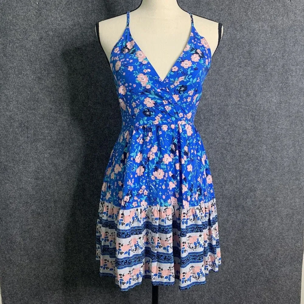 Unbranded Floral Strappy Sun Dress XS Blue Pink Open Tie Back Elastic Pullon - Picture 2 of 9